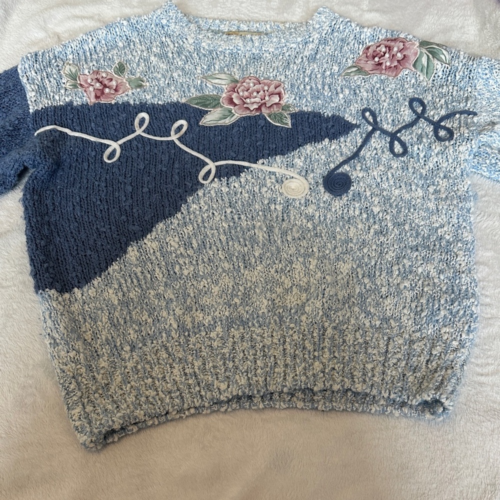 Floral Embroidered Blue Sweater